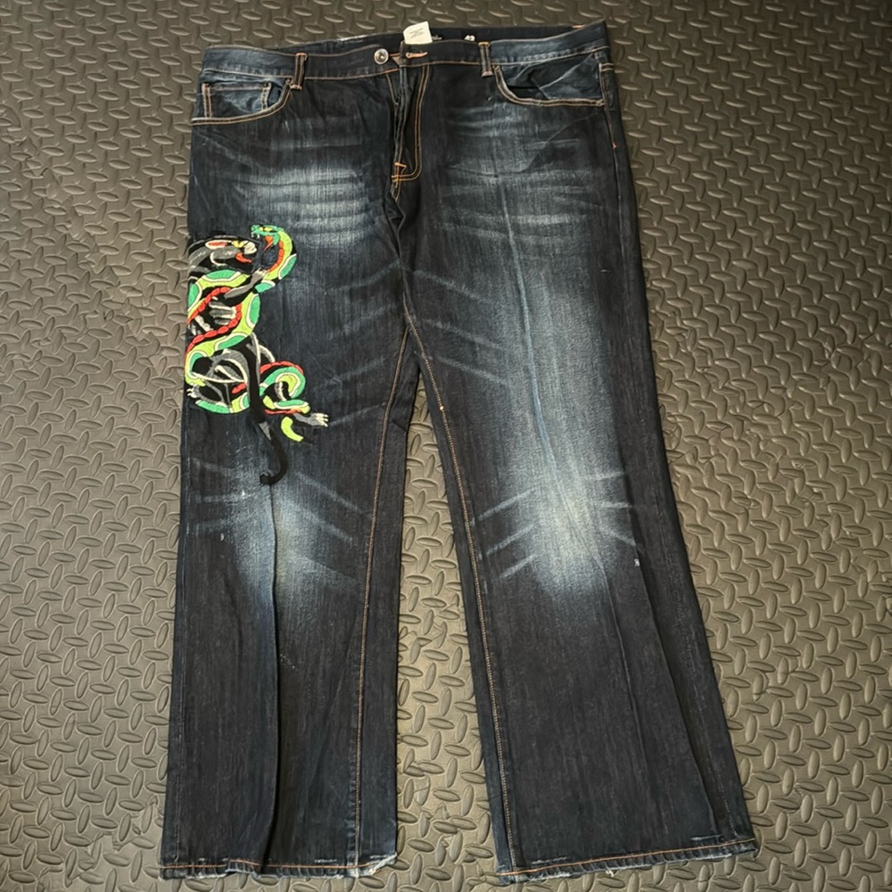 Ed Hardy Christian Audigier Blue Btn fly Jean 42 waist x 34 Embroidered, Hip Hop